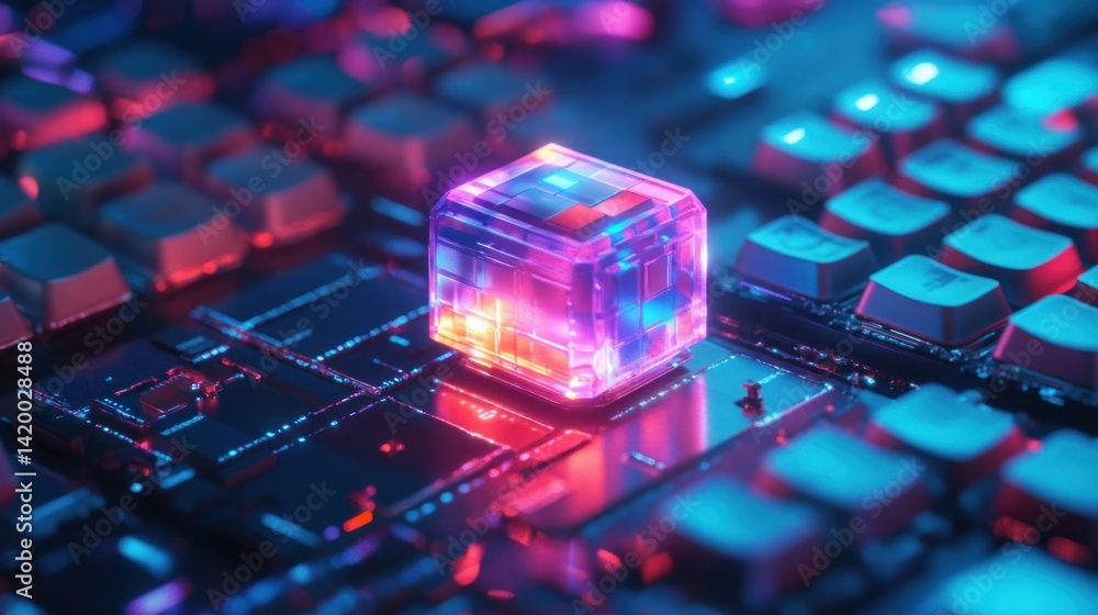 Aufkleber a glowing cube and a keyboard with electronic components