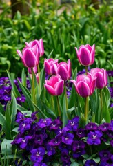 Fototapeta premium Lush green foliage, vibrant purple tulips & violets in full bloom, floral, image, botanical