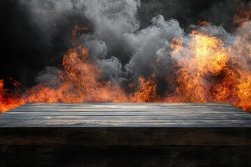 Smoky, fiery backdrop with a wooden platform.