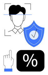 Facial recognition outline with verification shield, pointing hand, and percentage icon. Ideal for security, authentication, technology, identity, AI data privacy and discount. Flat simple metaphor