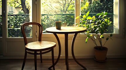 Fototapeta premium Cozy Interior With Wooden Table And Chair Near Window