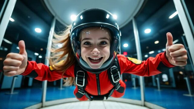 Young girl skydiving in Aerotube showing thumbs up of joy  