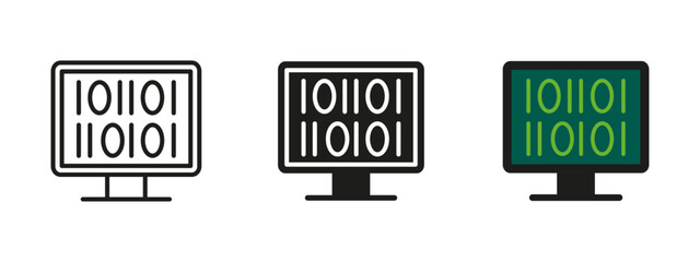 Binary code icon. Monitor with digital ones and zeros vector illustration. Programming and data processing symbol. Technology interface pictogram for coding, software development and system algorithms