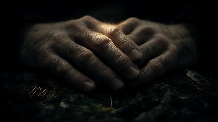 Fototapeta premium Clasped Hands in Dim Light Revealing Wisdom and Peace on Textured Surface of the Earth and Growth.