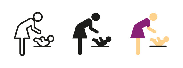 Baby changing icon. Mother leaning over to care for infant on changing table vector illustration. Parental support symbol for maternity rooms, restrooms and family-friendly spaces.