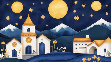 Naklejka premium Moonlit village nestled among starlit mountains under 3 moons