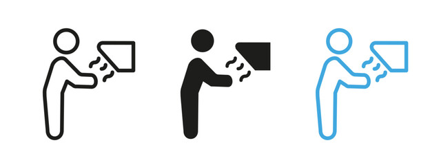 Drying hands icon. Person using air dryer vector illustration. Hygiene and cleanliness symbol for public restrooms. Hand sanitation pictogram promoting health and safety practices.