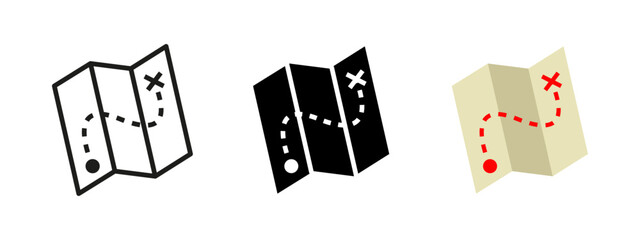 Treasure map icon. Folded map with dotted route and X mark vector illustration. Navigation and exploration symbol for travel or game design. Adventure journey pictogram with marked destination.