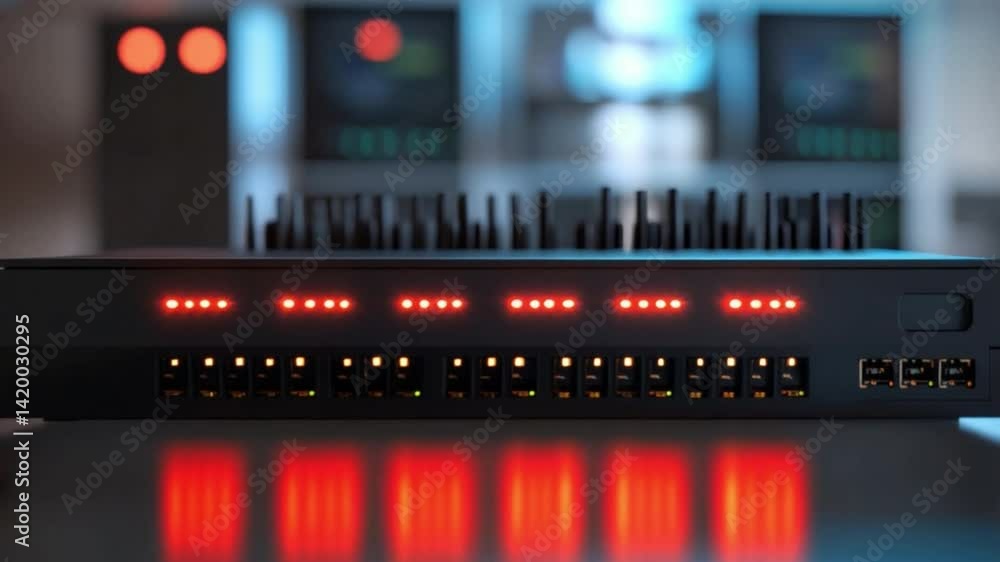 Poster Server Rack with Lights: A close-up shot of a modern server rack showcasing a multitude of illuminating lights and ports, suggesting efficient data processing and network management.