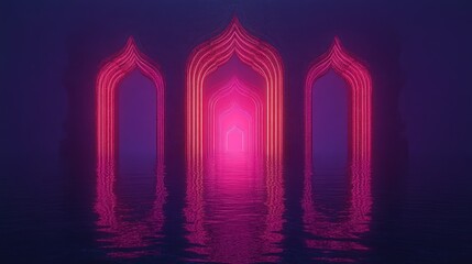 Three archways with pink glow and purple shadows on a dark background.