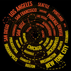 Graphics from the cities of the western and eastern United States distributed in a circular maze. Print for T-shirts, hoodies, posters and postcards. Red and yellow colors on a black background.