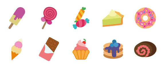 Dessert icon set. Colorful sweet treats and sugary snacks vector illustration. Candy, cupcake, donut and chocolate pictograms. Cartoon sweets collection symbol for food menu, confectionery or culinary
