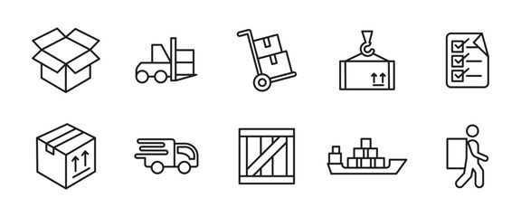Delivery icon set. Shipping and logistics outline vector illustration. Package, truck and cargo symbol. Line supply chain pictograms for warehouse operations, freight services and inventory management