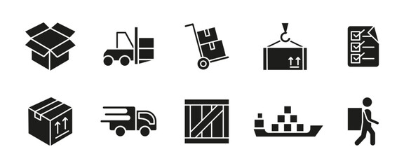 Delivery icon set. Shipping and logistics black vector illustration. Package, truck and cargo symbol. Glyph supply chain pictograms for warehouse operations, freight services and inventory management.