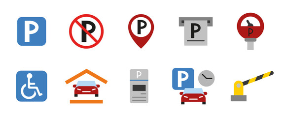 Parking icon set. Colored parking signs and symbols including disabled access, location pin, meter and ticket machine. Useful for maps, road signs, apps and transport systems cartoon colorful icons.