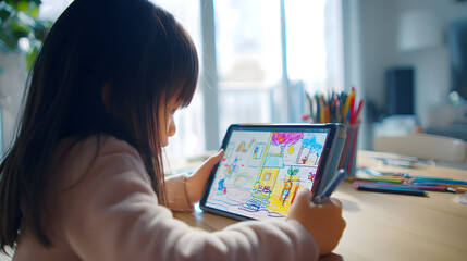 Little girl using digital drawing tablet creating colorful artwork