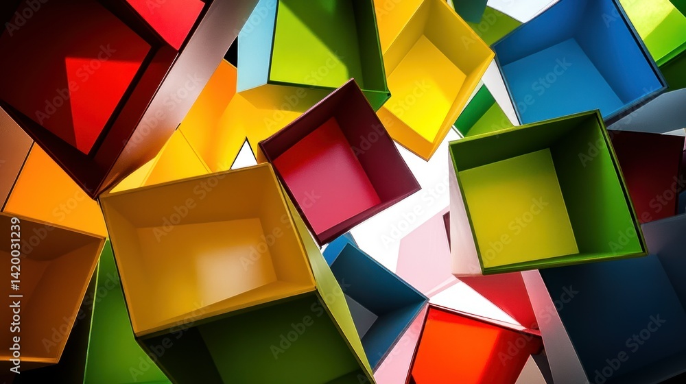 Poster colorful open boxes artfully arranged to create an abstract composition