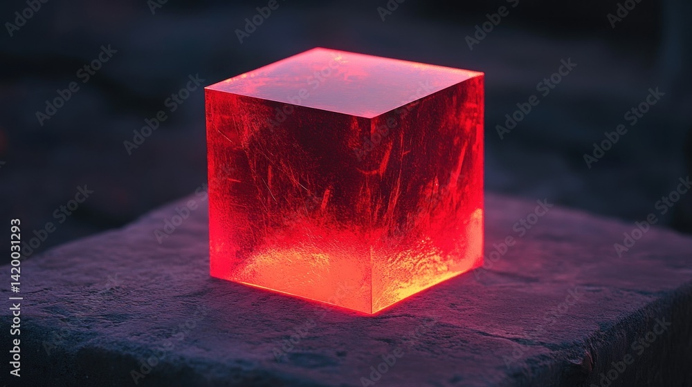 Poster a glowing red cube resting on a textured stone surface