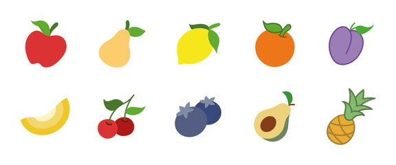 Fruit icon set. Colorful collection of fresh organic fruits including apple, lemon, orange, avocado and berries. Cartoon seasonal food illustration. Healthy diet and vegan nutrition food signs.