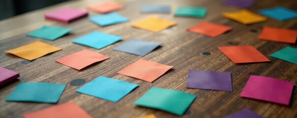Colorful business cards scattered on a wooden desk, papers, vibrant, organization