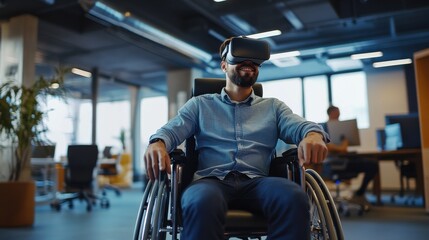 Disabled businessman in a wheelchair at work in modern open space coworking office with team using virtual reality googles drone assistance simulation