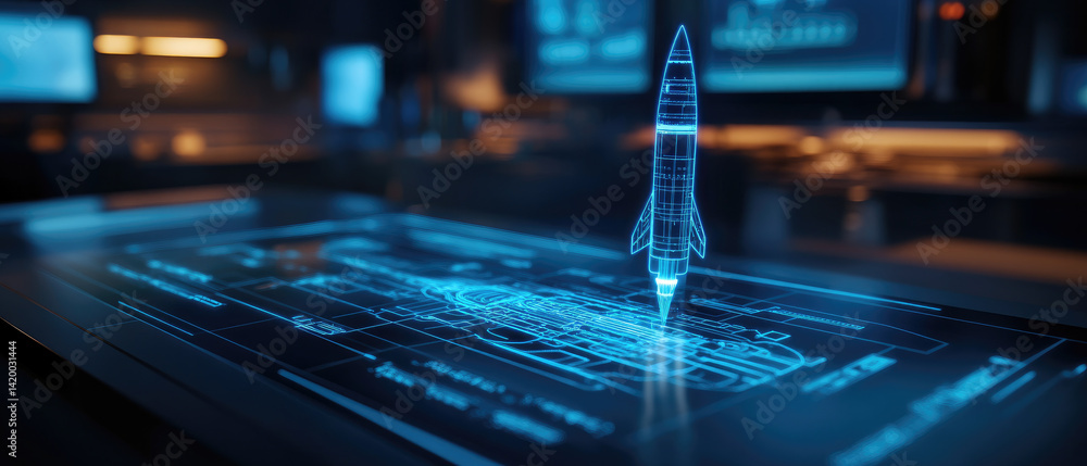 Poster revolutionizing rocket propulsion in a dim lab glowing holographic blueprints showcase cutting-edge 