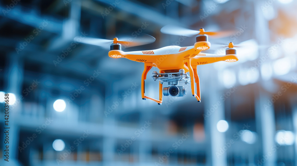 Poster engineers collaborating with drones in the construction of a smart city digital technologies and aut