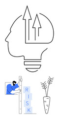 Human head light bulb with arrows signifies growth and ideas. Man measuring risk blocks, carrot sprouts symbolize planning, strategy, and outcome. Ideal for innovation, growth, risk-taking