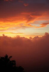 Naklejka premium Warm dusk, colorful rain clouds, misty brown hues, cozy atmosphere, artwork, golden hour