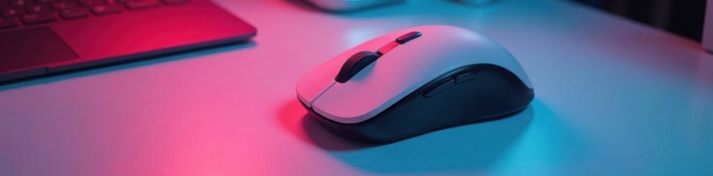 Modern wireless mouse on clean desk Overhead shot , view, clean, wood