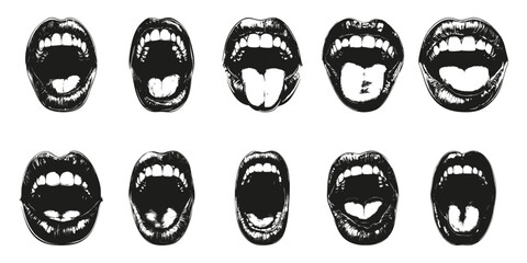 Open Mouth Expressions Silhouette Set. Emotional Communication And Expression Isolated Vector Illustration Collection
