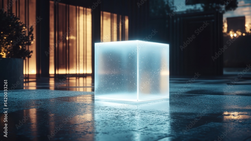 Aufkleber a glowing translucent cube rests on a wet paved surface