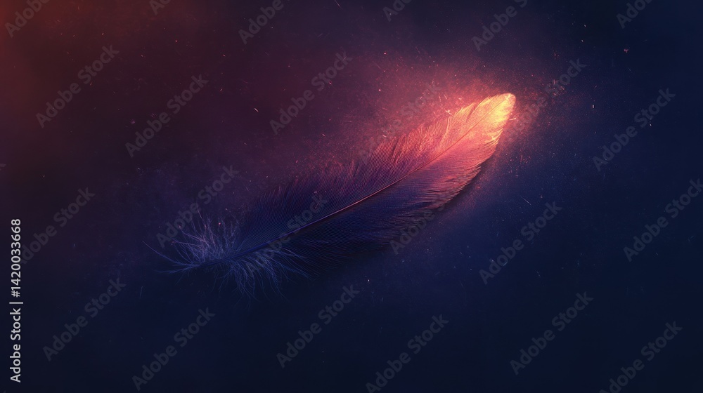 Poster a single feather illuminated with a gradient of warm colors