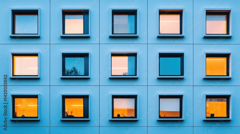 Poster building facade features rectangular windows with interesting reflections and lighting