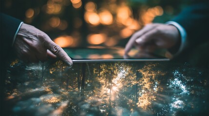 Collaborative Digital Discussion Using a Tablet at Table Surface With Blurred Natural Background.