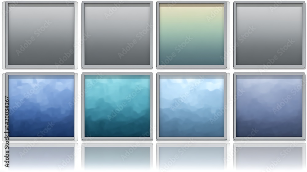 Poster collection of eight abstract gradient square displays with silver frame reflective surface backgroun