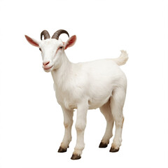 Obraz premium White Goat Isolated on White Background, Clean and Well-Groomed with Curved Horns
