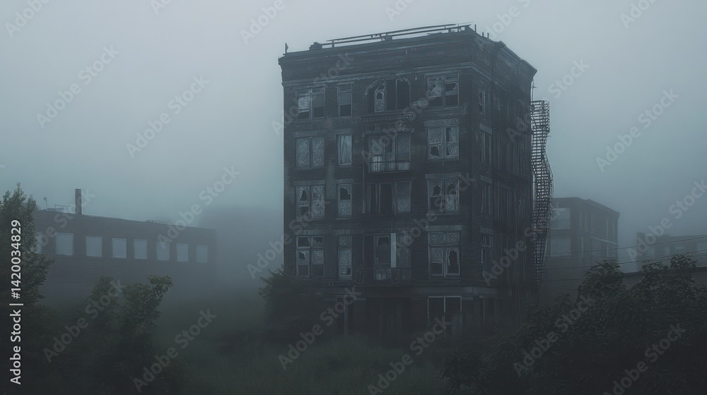 Poster an abandoned building shrouded in a heavy atmospheric fog appears desolate