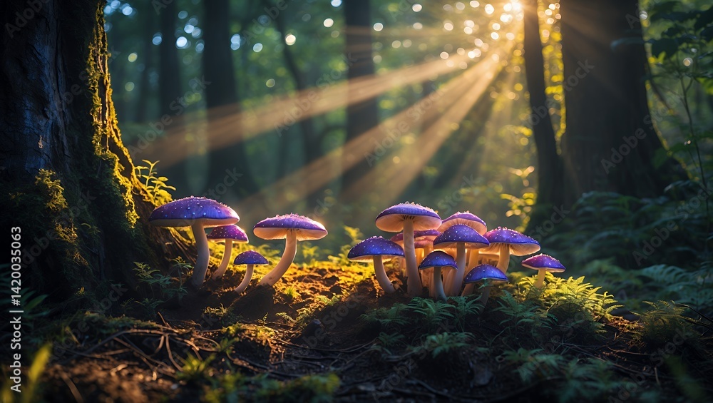 Poster mushrooms in forest with sunlight shining through trees creating magical mood