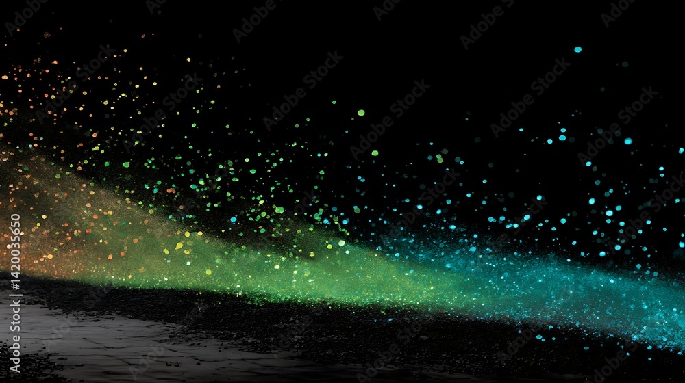 Poster colorful light emission particle stream on a dark ground abstract background visualization effect