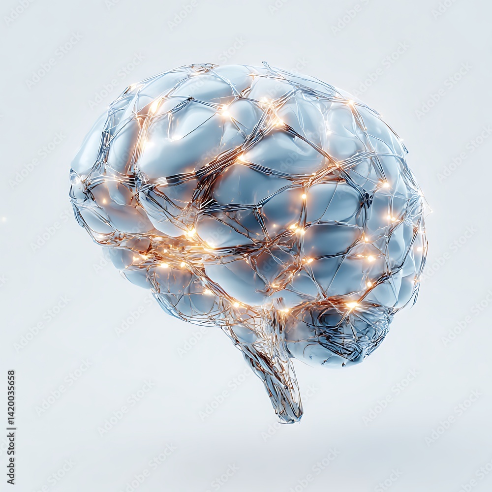 Poster abstract metallic brain with glowing neural network connections