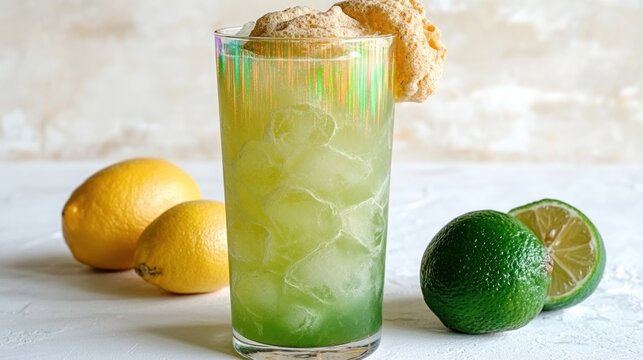 A vibrant green drink with ice and fresh lemons and limes evokes summer vibes