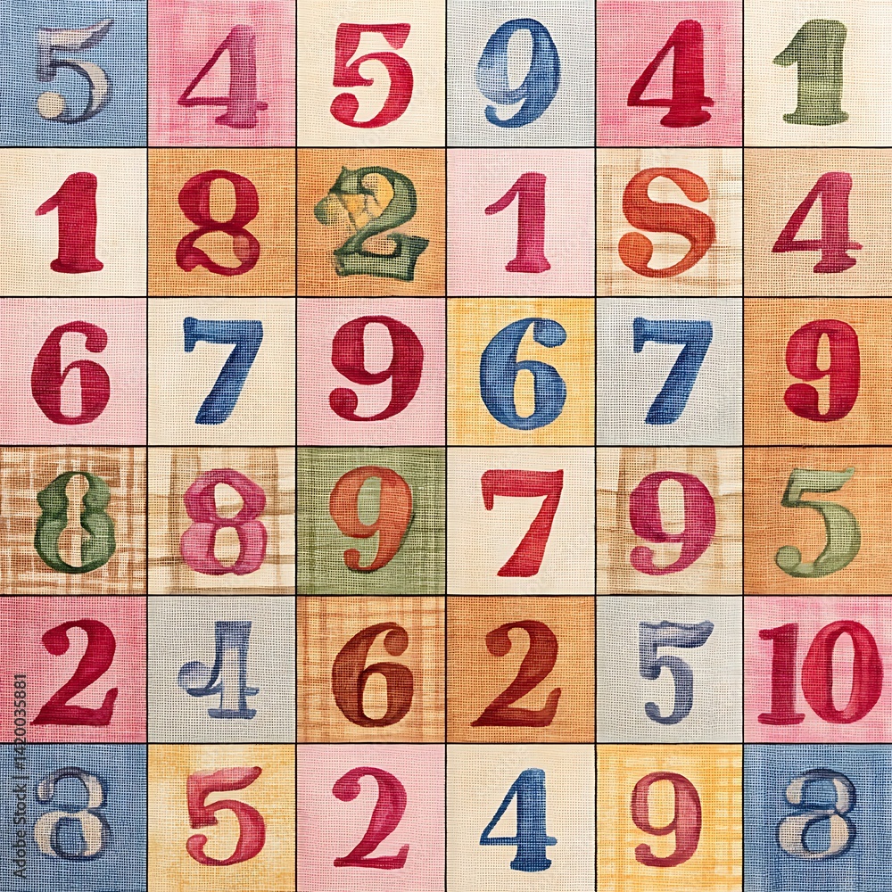 Poster colorful numbers grid displaying numerical sequence and patterns across multiple textural squares.