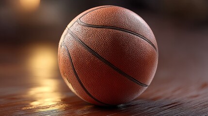 Obraz premium Basketball Resting on Polished Wooden Floor with Soft Lighting and Minimalist Background, Emphasizing Texture and Focused Ambiance