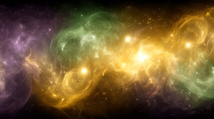 Colorful Nebula Exploration through Green Yellow and Purple Galaxies in Outer Space Visualization.