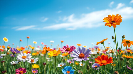 Obraz premium Close-Up of Vibrant Wildflowers Blooming Under a Clear Blue Sky