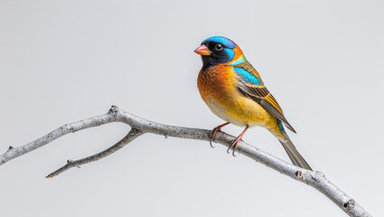 Fototapeta premium Colorful Bird Perched On A Branch In A Studio Setting Against White Backdrop