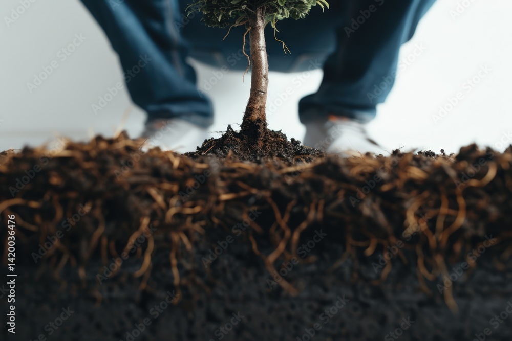 Poster a close-up of a small tree with visible roots and soil, highlighting the connection between nature a