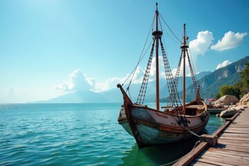 Obraz premium Distressed wooden sailing boat docked at old pier, pier, nautical