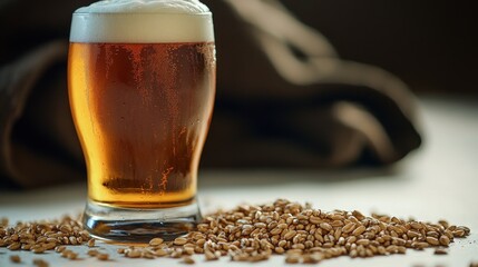 Fototapeta premium Golden beverage with frothy head rests elegantly by scattered grains on wood